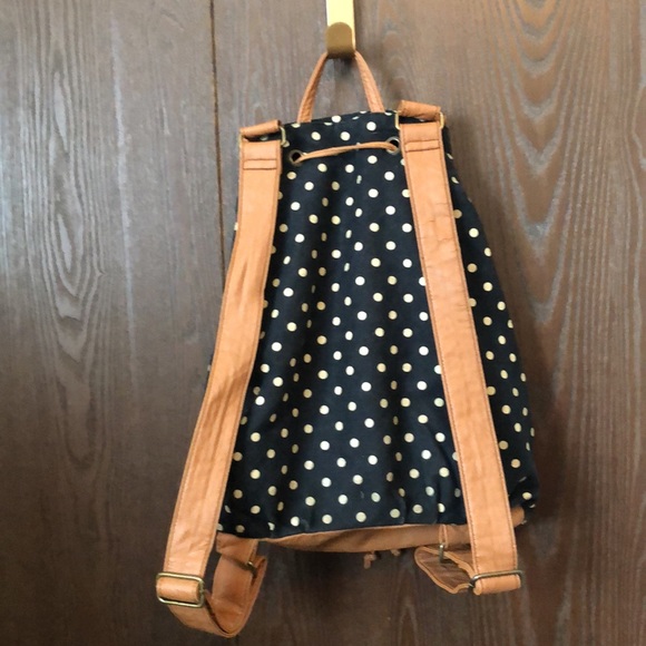 ALDO BACKPACK - BLACK & WHITE POLKA DOT WITH BROWN PLEATHER STAPS & TRIM - #216 - Picture 2 of 12